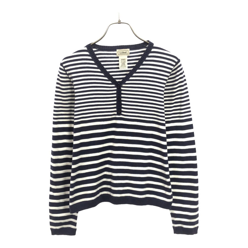エルエルビーン ボーダー 長袖 Vネック ニット XS ネイビー×ホワイト L.L.Bean セーター レディース拍卖