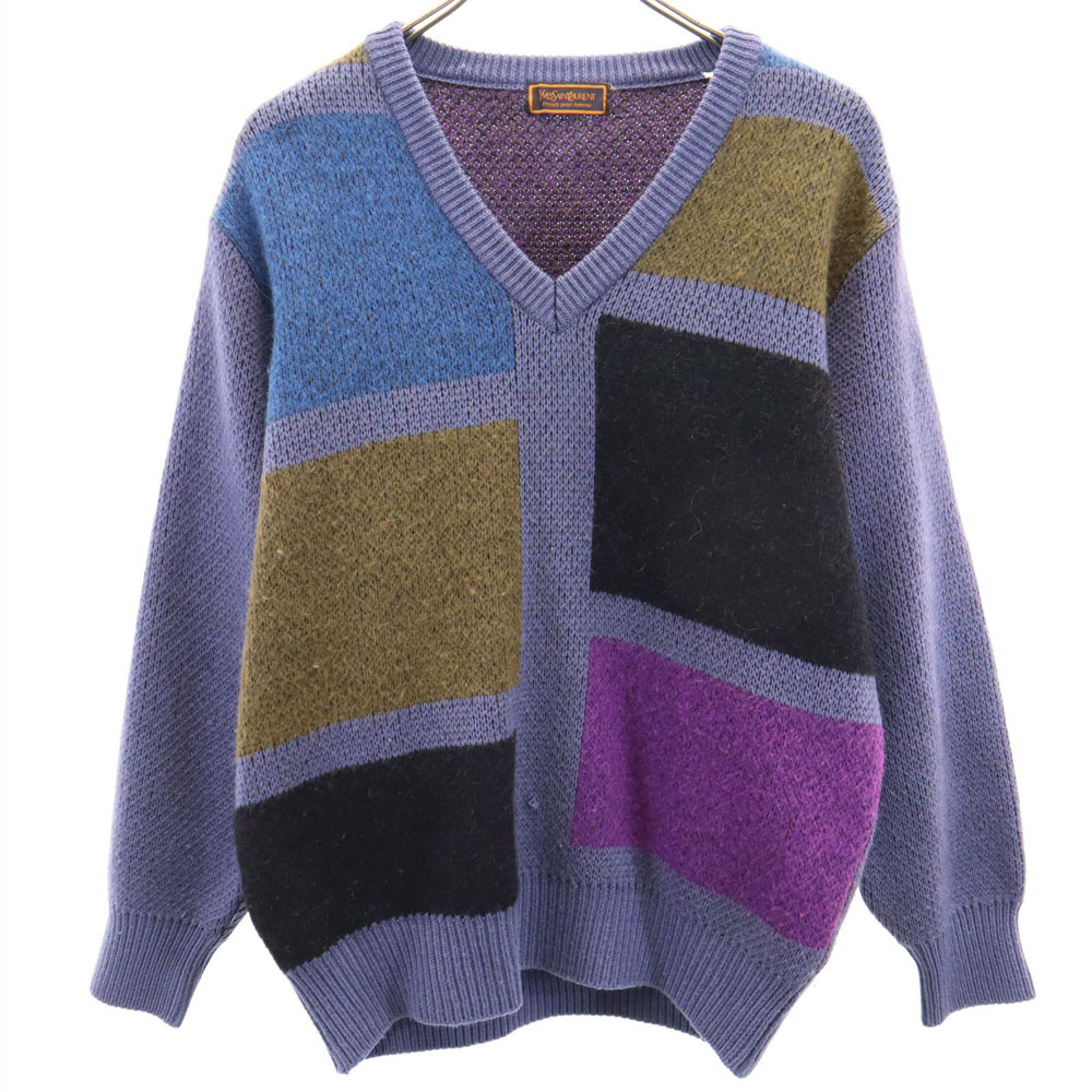 イヴサンローラン 80s 90s ウールブレンド オールド 長袖 Vネック セーター M YVES SAINT LAURENT tricots pour homme ニット 厚手 メンズ拍卖