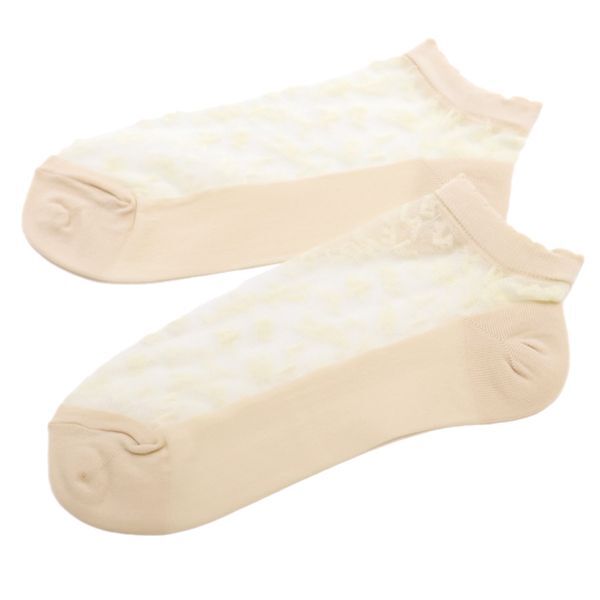 未使用 レリアン アルファベット柄 シアー ソックス 23-24cm ベージュ系 Leilian クルー 靴下 レディース拍卖