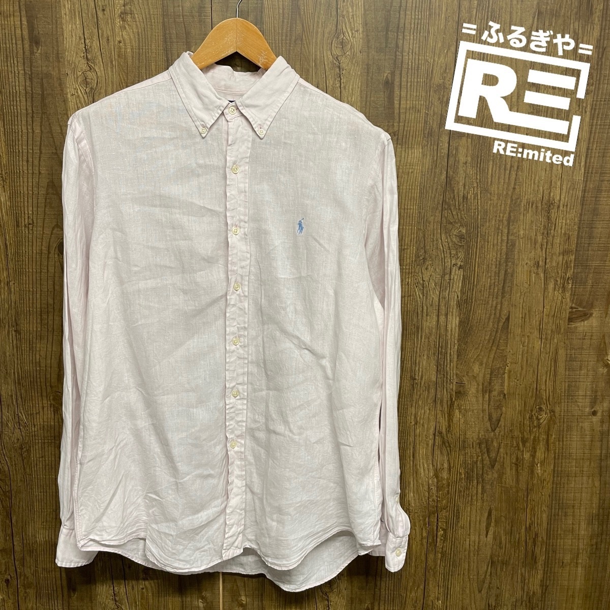 古着 L POLO RALPH LAUREN ポロラルフローレン リネンシャツ 長袖 CLASSIC FIT ボタンダウン 4008拍卖