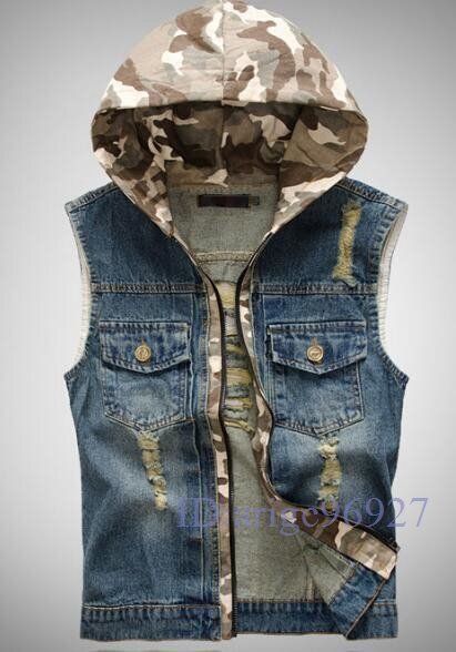 S573☆新品春夏秋 デニムベスト フード付き メンズ 迷彩柄 ベスト カジュアル ダメージ加工 大きいサイズ ブルー M-4XL拍卖