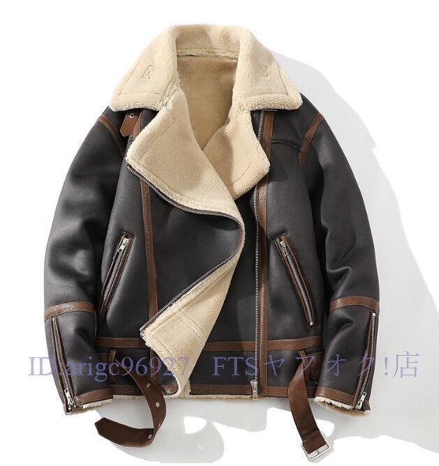 A6928★ライダースジャケット毛皮ジャケット防寒 ブルゾン 裏ボア裏フリース暖かい 冬服 アウター バイクウエアダークコーヒー M-5XL拍卖