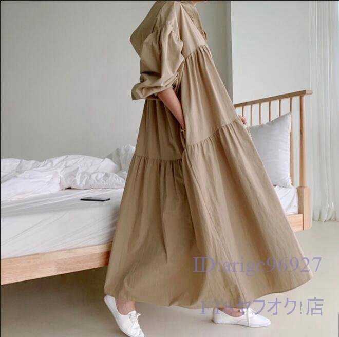 A2875☆新品レディース カジュアル フード付き体型カバー 無地 ゆったり大きいサイズ ロングワンピース S~XLカーキ拍卖