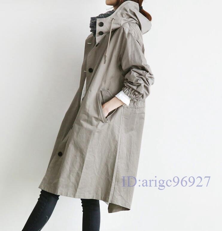 Q678☆新品春秋大きいサイズ カジュアルレディーズトレンチコート ロングコート ゆったり フード付き 秋 スプリングコート グレー拍卖