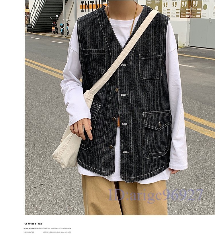 T604☆新品メンズベスト デニムベスト デニムジャケット ストライプ柄 バイクベスト カジュアルベスト ゆったり 韓国風 黑 M~5XL拍卖
