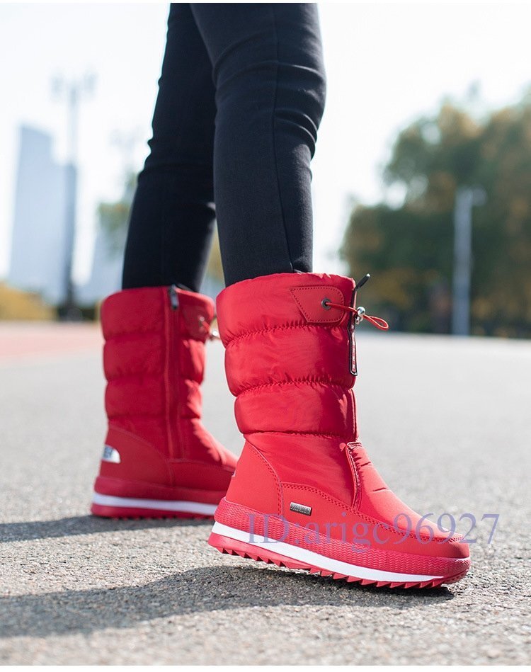 Y414☆新品レディース スノーシューズ ムートンブーツ スニーカー ウィンターブーツ 裏起毛 防水 防寒 防滑 綿靴 23~26cm レッド拍卖