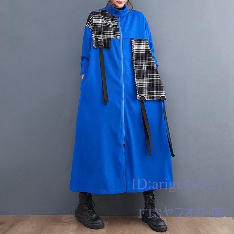 A2991☆新品レディース カジュアル オシャレ ゆったり大きいサイズ 立ち襟 切り替え トレンチコート 長袖 F ブルー拍卖