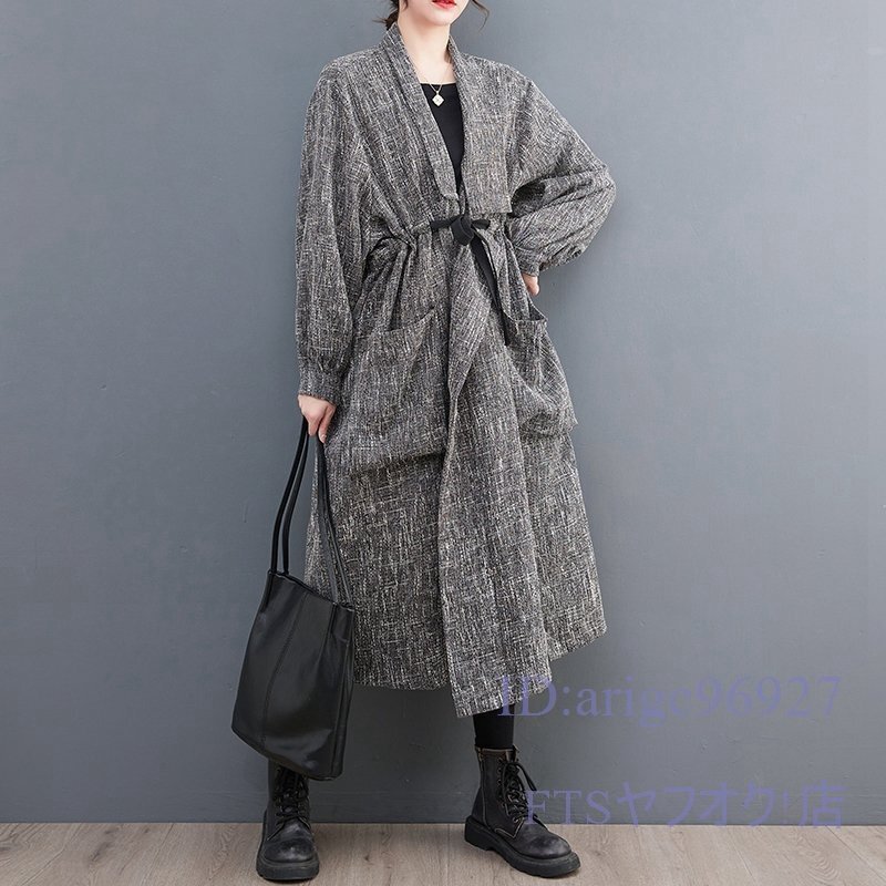 A2677☆新品オシャレ レディース カジュアル ゆったり大きいサイズ 体型カバー リボン トレンチコート ロングコート 灰拍卖