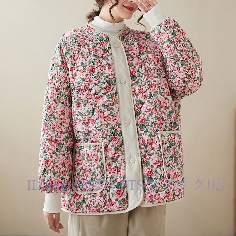 A6271☆新品秋冬 カジュアル ゆったり大きいサイズ チャイナドレス風 花柄 中綿 暖かい 綿コート ミニ丈コート M~2XL ピンク拍卖