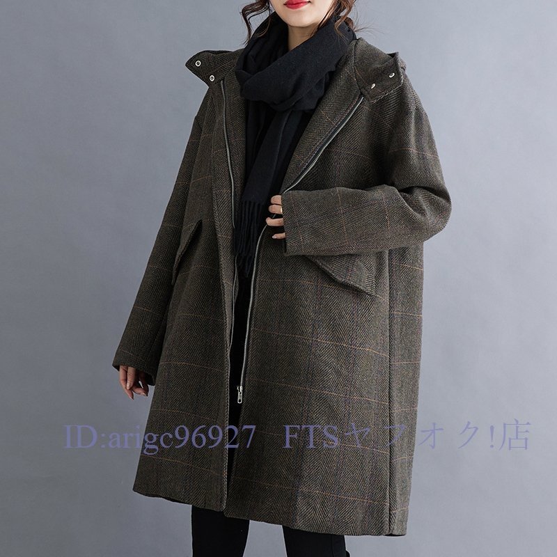 A6265☆新品秋冬 カジュアル ゆったり大きいサイズ フード付き コート 暖かい 裏起毛 チェック柄 着やせ コート L-2XL コーヒー拍卖