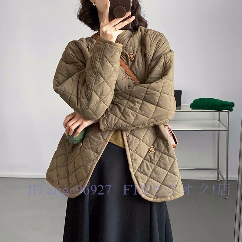 A6340☆新品秋冬 カジュアル ゆったり大きいサイズ ひし形チェック柄 無地 暖かい 綿コート ミニ丈コート M~XXL オリーブ拍卖