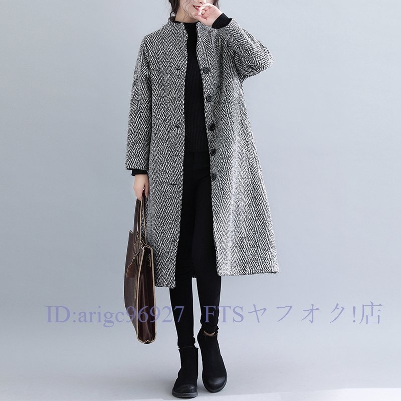 A6018☆新品秋冬 カジュアル ゆったり大きいサイズ チェック柄 長袖 暖かい コート 通勤 ミモレ丈コート M~2XL ブラック拍卖