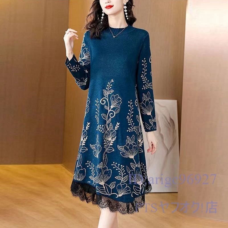 A0649☆新品Fサイズ優雅ニットワンピース ミンクカシミヤ混フォーマル セーター 着やせ ひざ丈ワンピース オシャレ 園行事 長袖 *ブルー拍卖