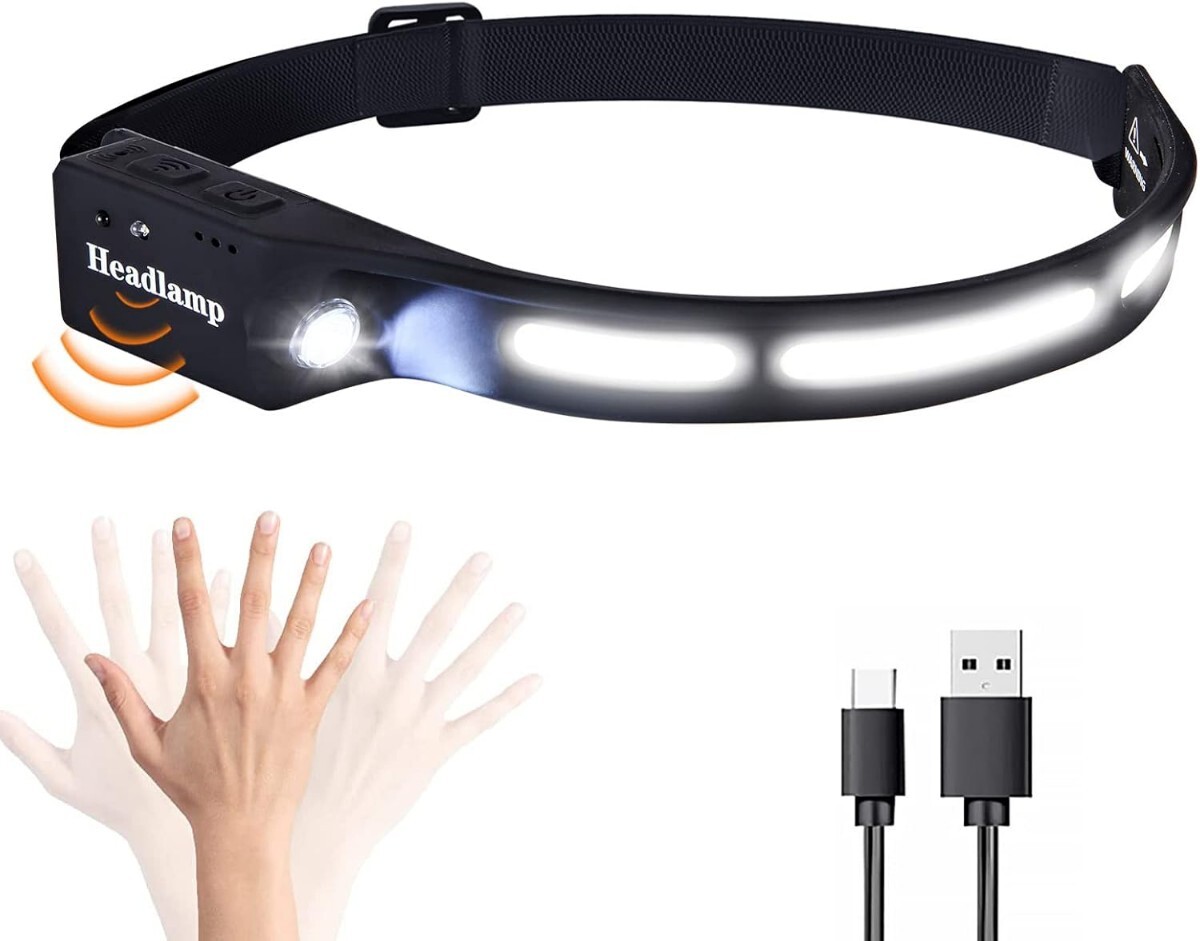 ヘッドライト 充電式 高輝度 人感センサー機能付き USB LEDデュアル光源 5つの照明モード SOS点滅 防水 小型軽量 登山 夜釣り キャンプ拍卖