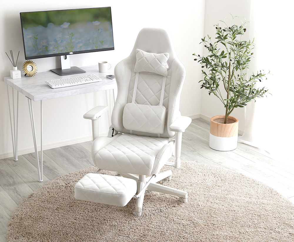 ゲーミングチェア オットマン付き かわいい デスクチェア 回転椅子 ホワイト色拍卖