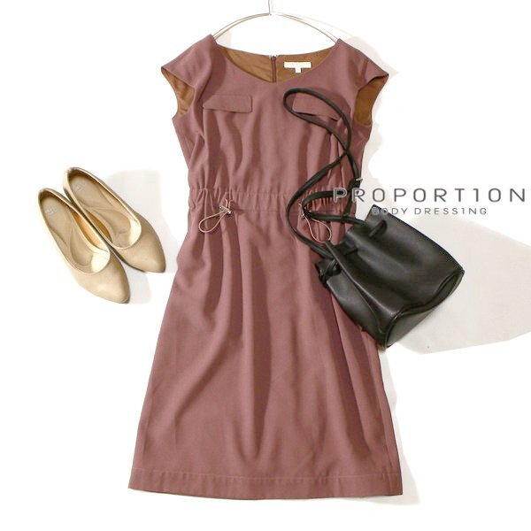 美品 PROPOTION BODY DRESSINGプロポーションボディドレッシング 綺麗め ウエストゴム スーツ生地 ワンピース 2号 M 春 夏 24D08拍卖