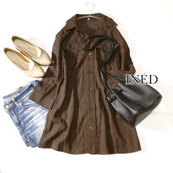 美品 (株)フランドル INED イネド 2Wayロールアップ 同色ストライプ 薄手シャツ 7号 S 春 夏 秋 24E08拍卖