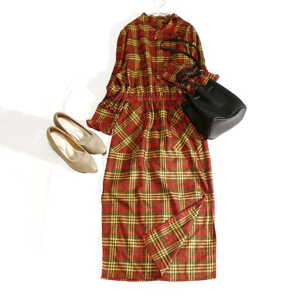美品 Dear Sisterhood ディアシスターフッド 大人可愛い ボウタイ・チェック柄 スーツ生地 ロングワンピース S 春 秋 合服 24A09拍卖