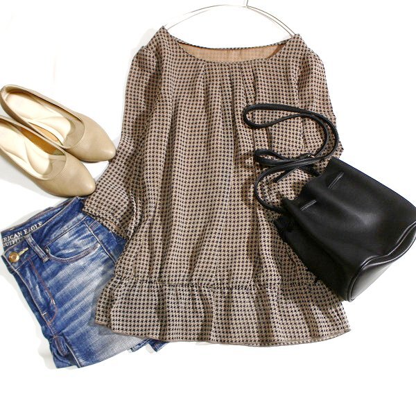 美品 STRAWBERRY-FIELDS ストロベリーフィールズ 小さな千鳥柄 クォータースリーブ シフォン カットソー F 春 夏 秋 24B09拍卖