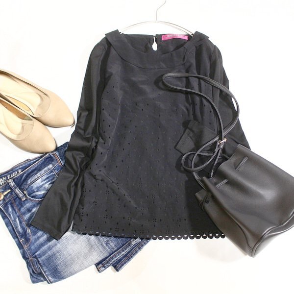 美品 アナスイ DOLLY GIRL ドリーガール パンチング切り替え ストレッチ カットソー 2号 M 春 秋 合服 24B09拍卖