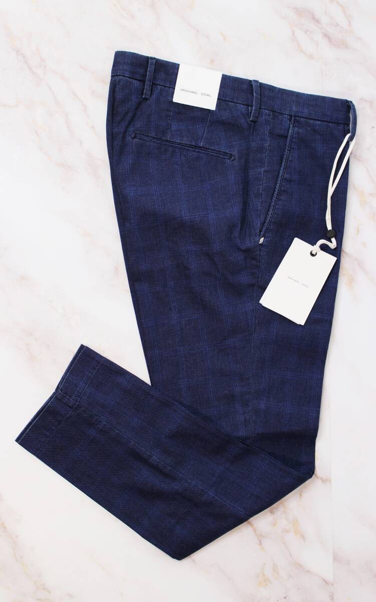 35 通年 スペシャル特価「マイケルコール」イタリア製・コットンチノ・ダークブルー・タータンチェック柄・キレイ目♪サイズ35(L)拍卖