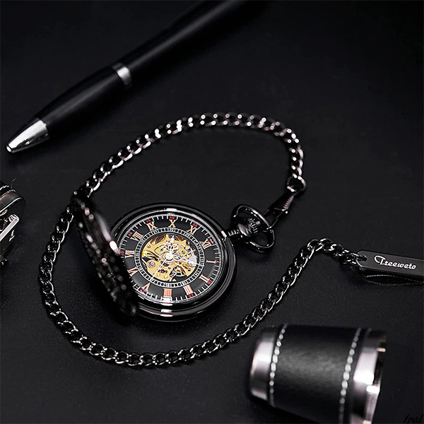 時計 懐中時計 機械式 トレイン 鉄道 アンティーク スケルトン ローマ数字 ブラック チェーン付き レトロ プレゼント ギフト拍卖