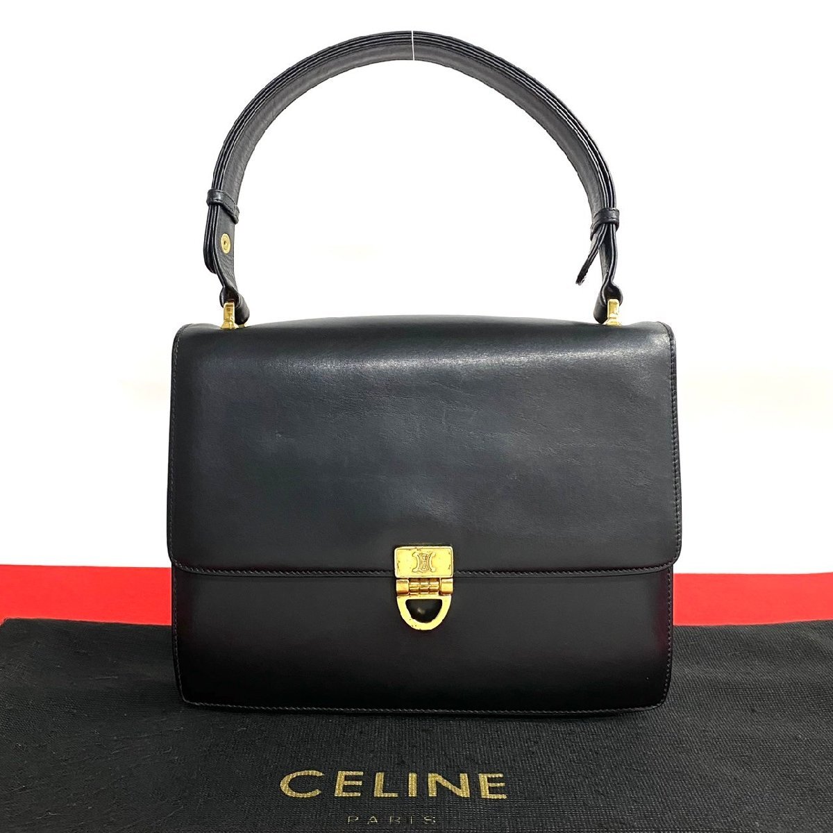 極 美品 CELINE セリーヌ ヴィンテージ トリオンフ ロゴ 金具 カーフ レザー 本革 2way ハンドバッグ ショルダーバッグ ブラック 黒 28613拍卖