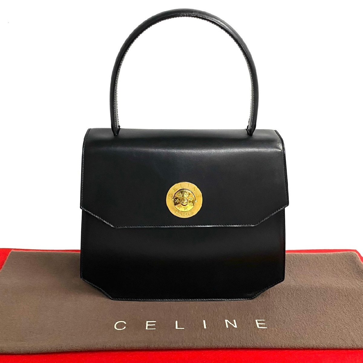 極 美品 CELINE セリーヌ ヴィンテージ スターボール サークル 金具 カーフ レザー ハンドバッグ ミニ トートバッグ ブラック 黒 21420拍卖