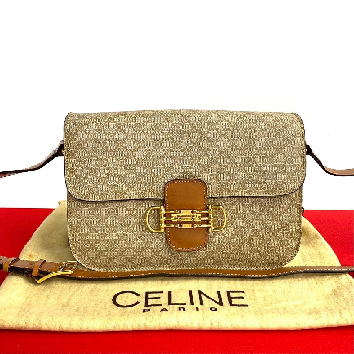 極 美品 袋付 CELINE セリーヌ ヴィンテージ マカダム ブラゾン 柄 レザー 本革 ショルダーバッグ ポシェット ベージュ ブラウン 201-3拍卖