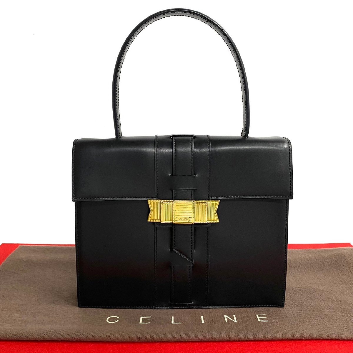 極 美品 CELINE セリーヌ ヴィンテージ リボン ロゴ 金具 カーフ レザー 本革 ハンドバッグ ミニ トートバッグ ブラック 黒 03-10拍卖