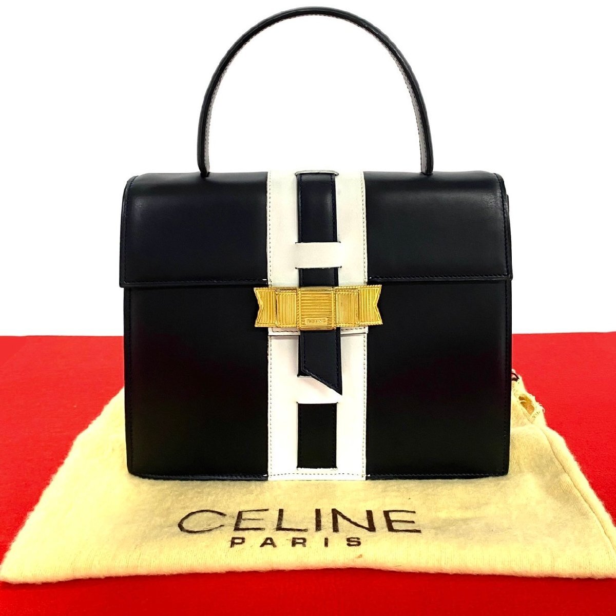 極 美品 袋付 CELINE セリーヌ ヴィンテージ ロゴ リボン 金具 レザー 本革 ハンドバッグ ミニ トートバッグ ネイビー ホワイト 31825拍卖