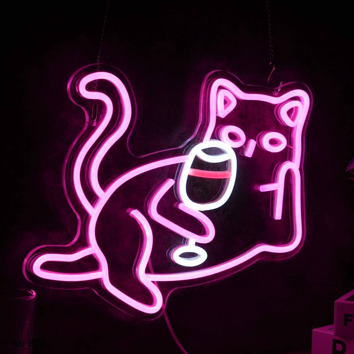 ネオンサイン 30x40cm 猫ワイングラス 調光可能 LED ピンク猫 カクテルネオンライト USBライト バー装飾 猫カフェ アート 猫恋人ギフト拍卖