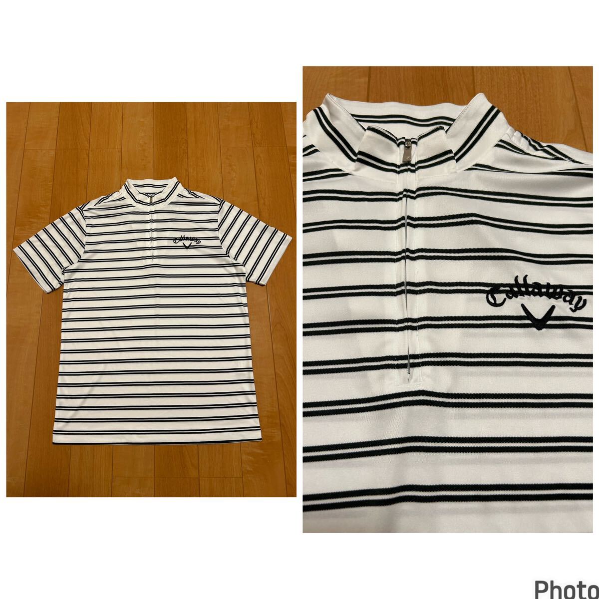 良品☆Callaway/キャロウェイ サイズM ストレッチ性快適速乾ドライ.半袖ハーフジップボーダーポロシャツ 両面ロゴ刺繍入!3面マーク 白黒拍卖