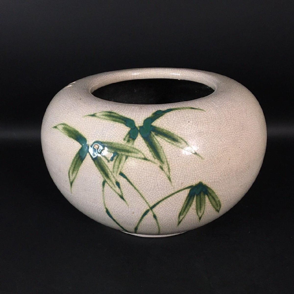 ER0917-56-3 火鉢 丸火鉢 メダカ鉢 手あぶり 笹紋 笹柄 陶器 谷利 昭和レトロ 置物 鑑賞 H27cm 口径24cm 140サイズ拍卖