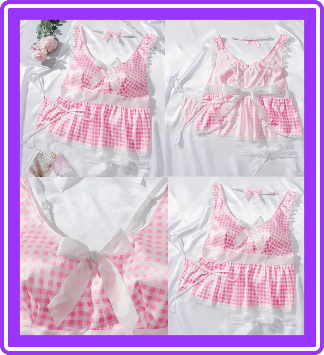 ★超素敵★サテン調★チェック柄★ボビードール★キュート★オシャレ★ネックリング★Tバック付★ワンガーターリング★メイド風★J59拍卖