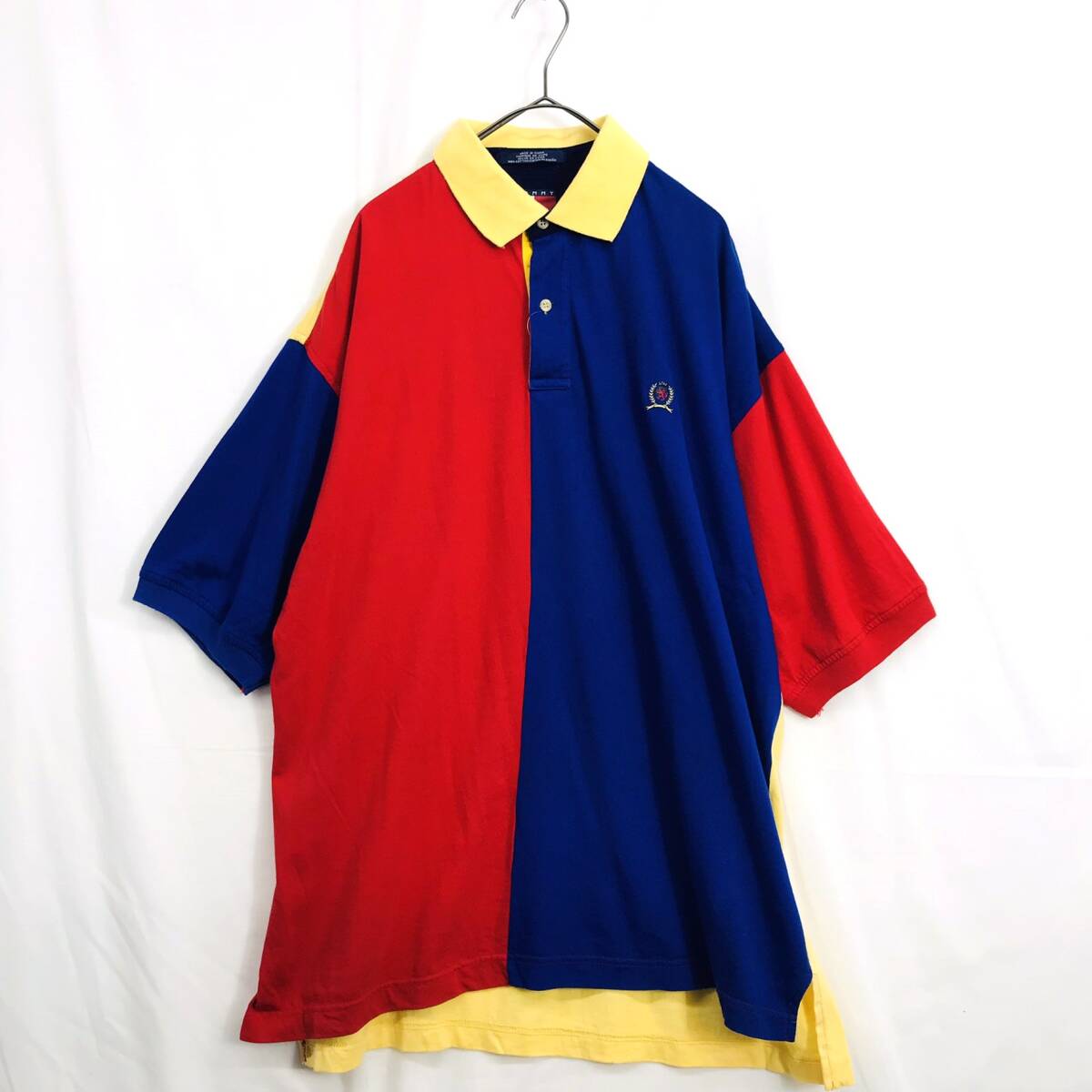 KZ7682★TOMMY HILFIGER : 90's Old クレイジーパターン 鹿の子ポロシャツ★L★赤/青/イエロー オールドトミーヒルフィガー拍卖