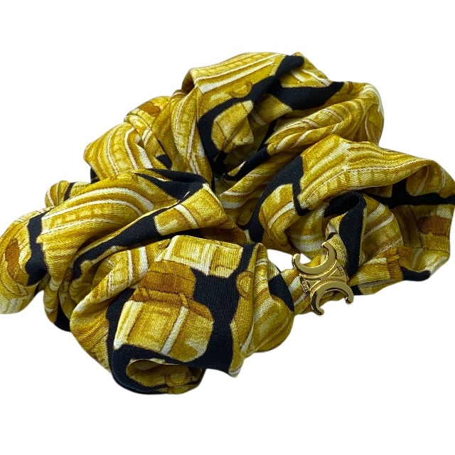 CELINE セリーヌ ヘアアクセサリー アクセサリー シュシュ ヘアゴム 小物 トリオンフ 総柄 シルク ブラック ゴールド拍卖