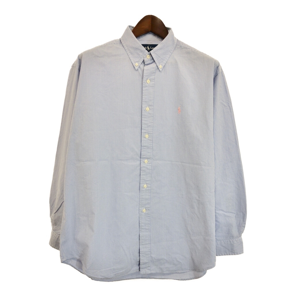90年代 RALPH LAUREN ラルフローレン ボタンダウン 長袖シャツ チェック ブルー (メンズ L) 中古 古着 S0309拍卖