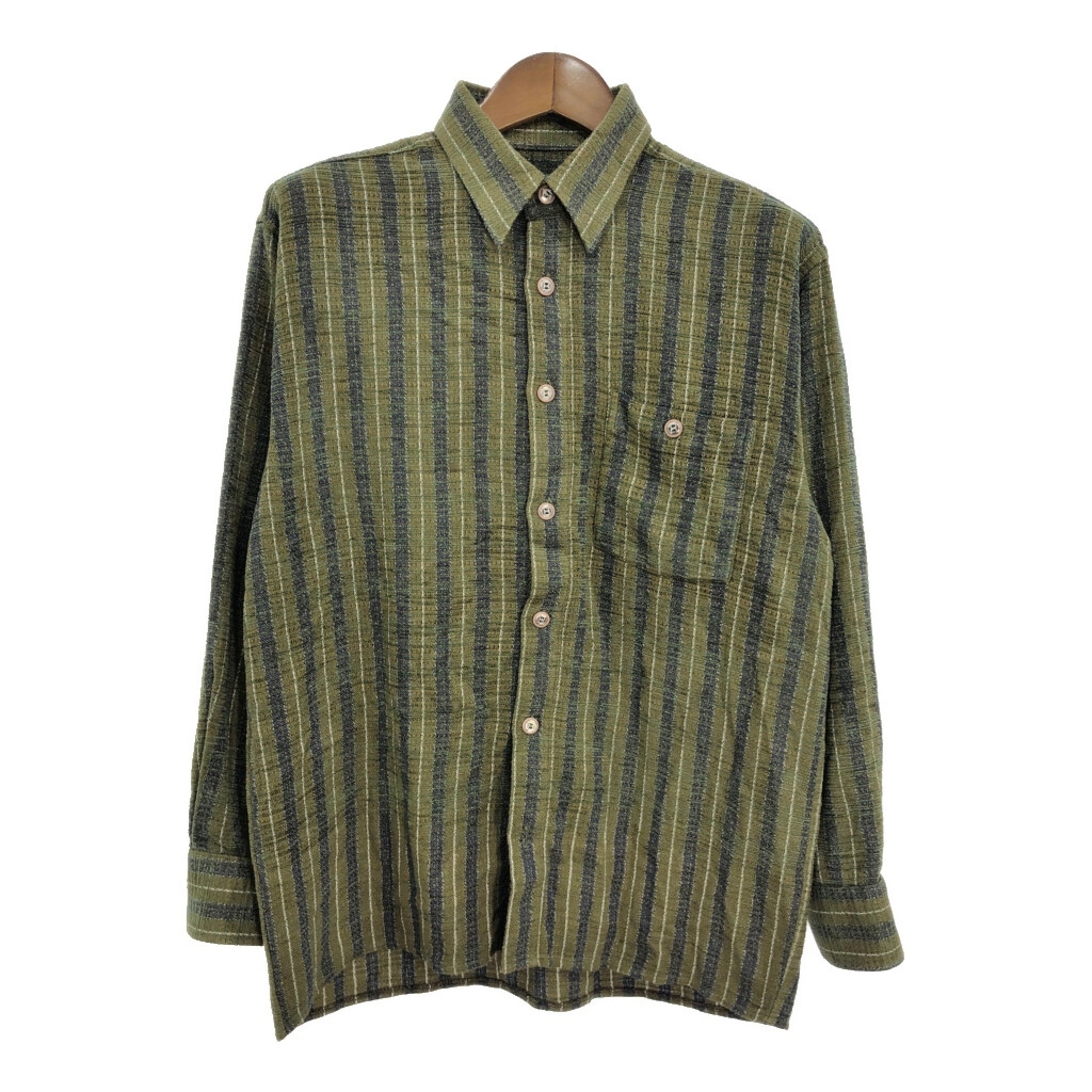 90年代 DERGi リネン 長袖シャツ チェック オリーブ (メンズ) 中古 古着 S0986拍卖