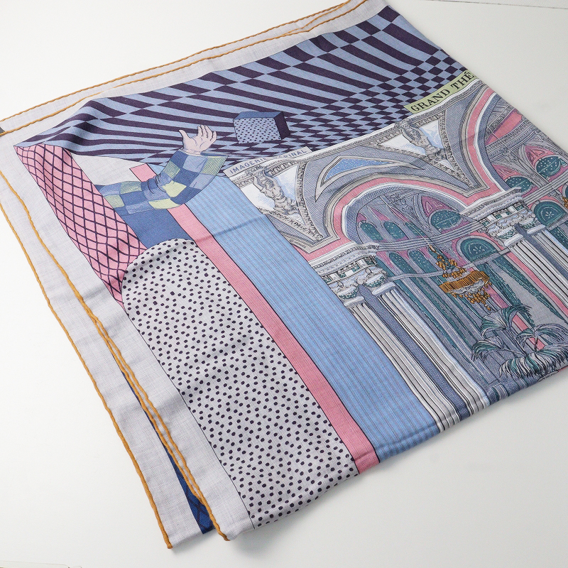 2021AW エルメス HERMES グランテアトルヌーヴォー カレジェアン140 カシミヤシルク 大判ストール//ブルーグレー【2400014044195】拍卖