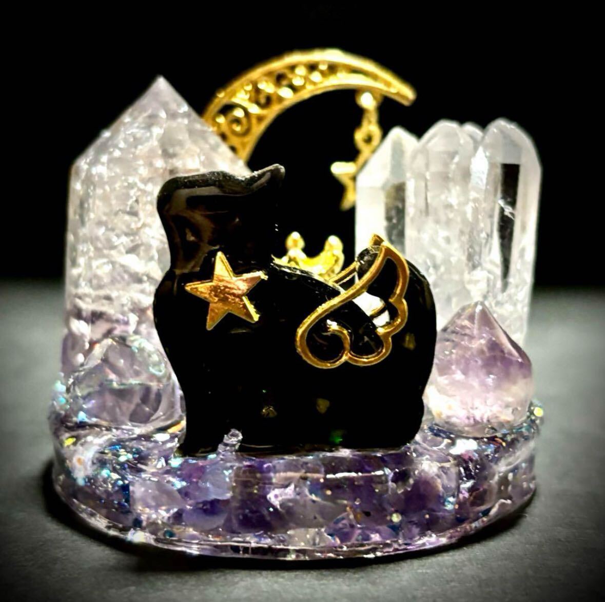 ◇夜遊び黒猫◇オルゴナイト◇オブジェ◇アメジスト◇オブシディアン◇水晶◇三日月◇星◇拍卖