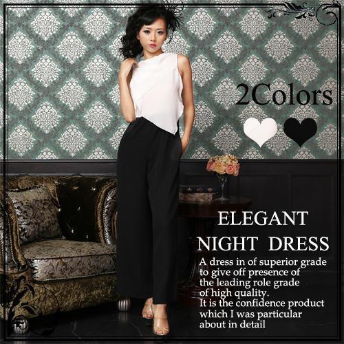 オールインワン レディース S ~ M レイヤード 868712278423 ガウチョパンツ パンツドレス 黒 白 バイカラー ノースリーブ拍卖