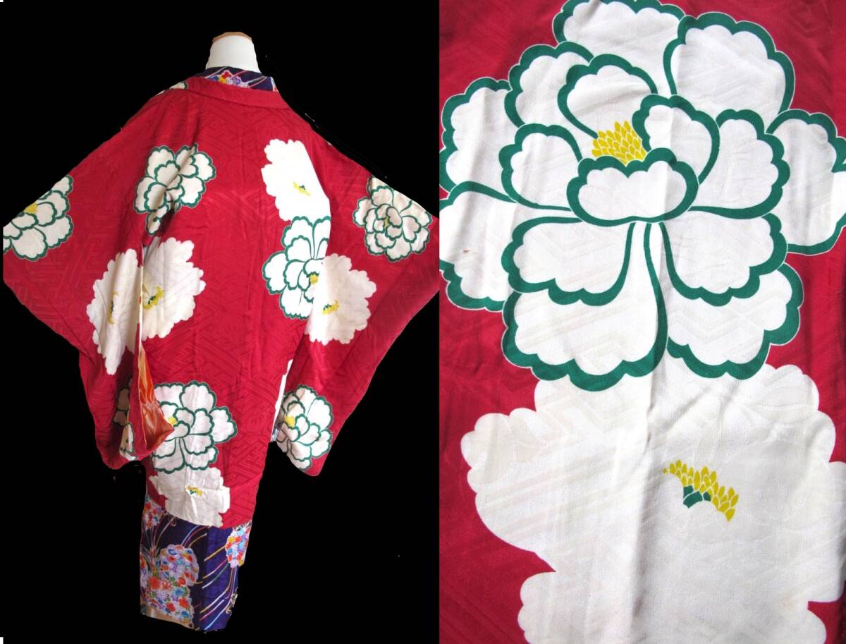 大輪の牡丹 アンティーク紋錦紗長羽織 深い赤拍卖