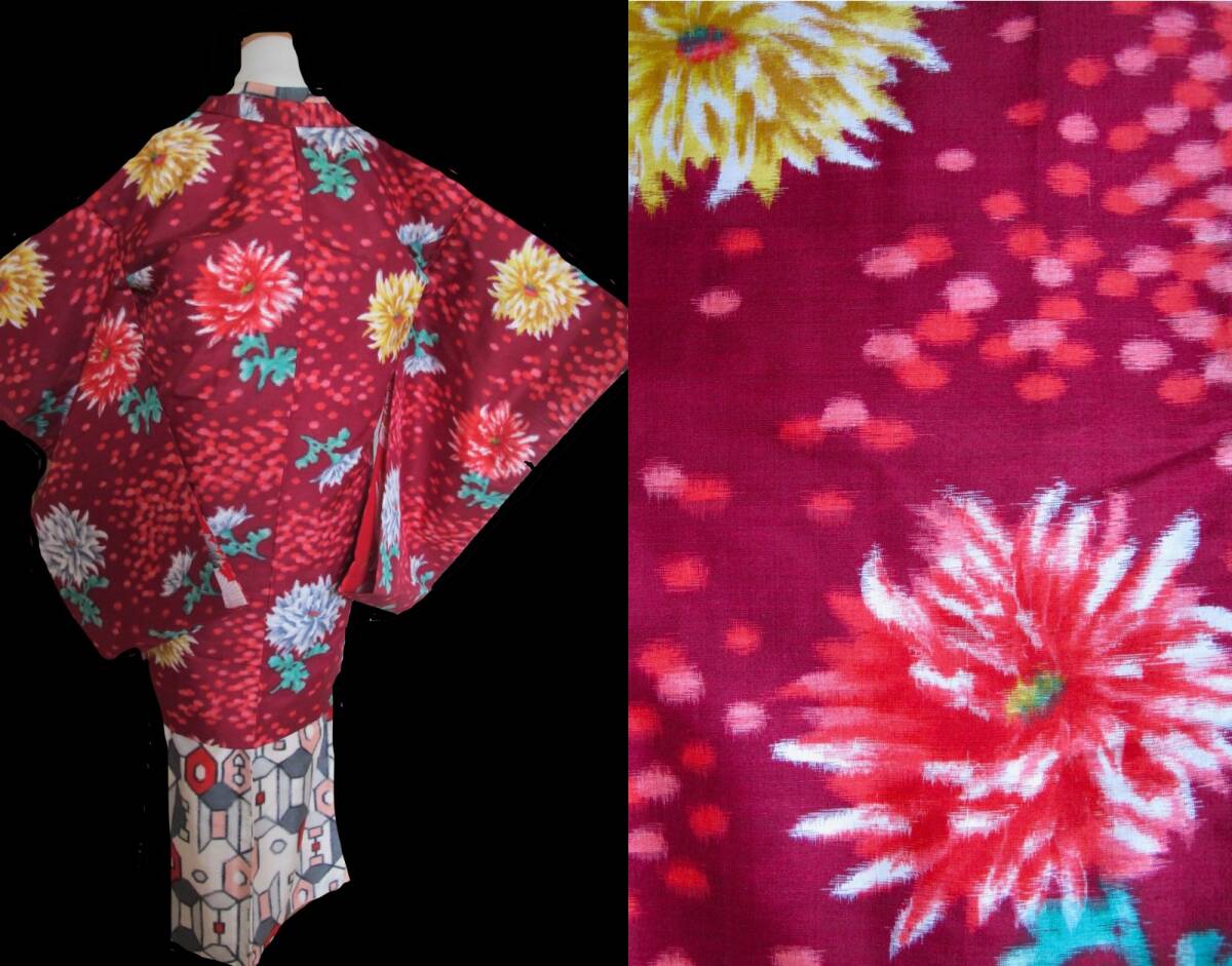 秋茜 えんじに菊花 アンティーク銘仙長羽織拍卖