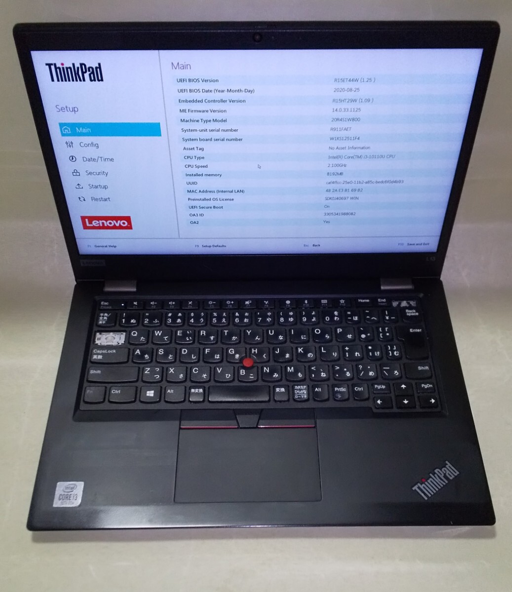 【Bios OK】 Lenovo ThinkPad L13 20R4 i3-10110U 8GB ①拍卖