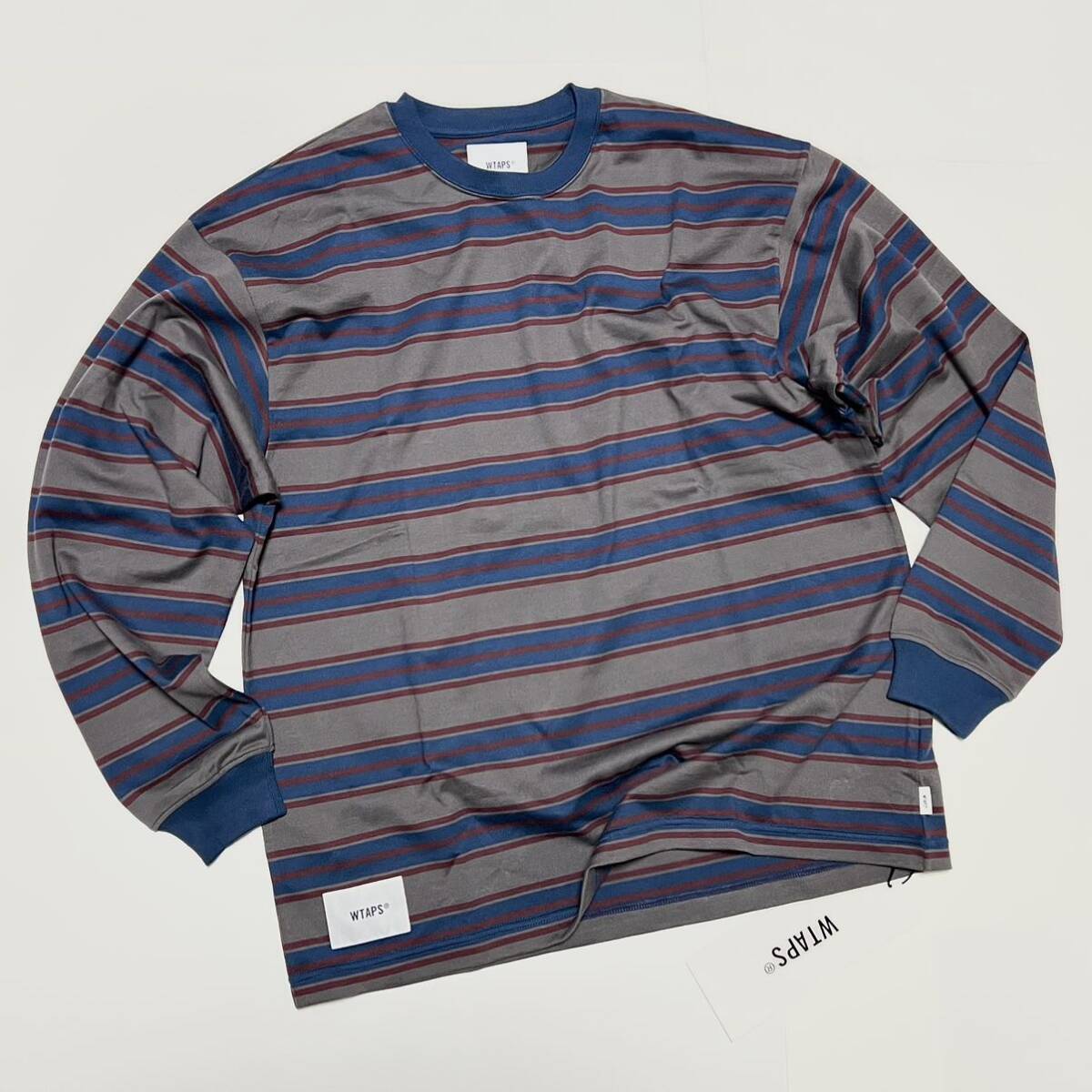 01 新品 WTAPS ダブルタップス オーバーサイズ ボーダー ロンT グレー 長袖 Tシャツ ロゴ パッチ タグ 付 BDY W)TAPS Wタップス W-TAPS拍卖