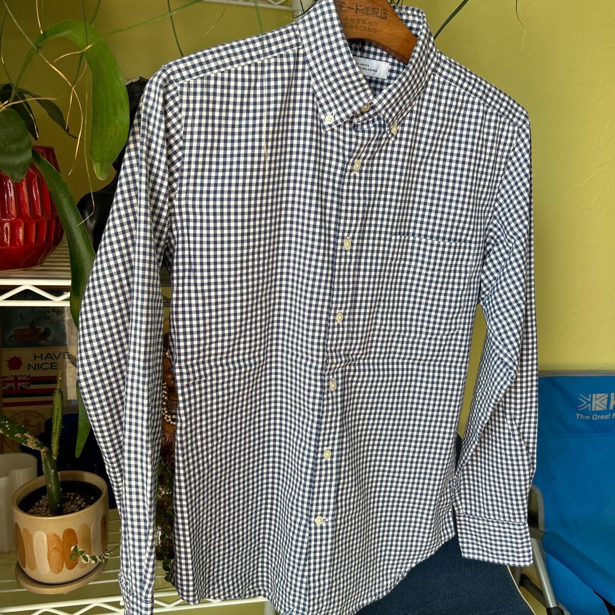 ユナイテッドアローズ ギンガム ボタンダウンシャツ 紺白 M拍卖