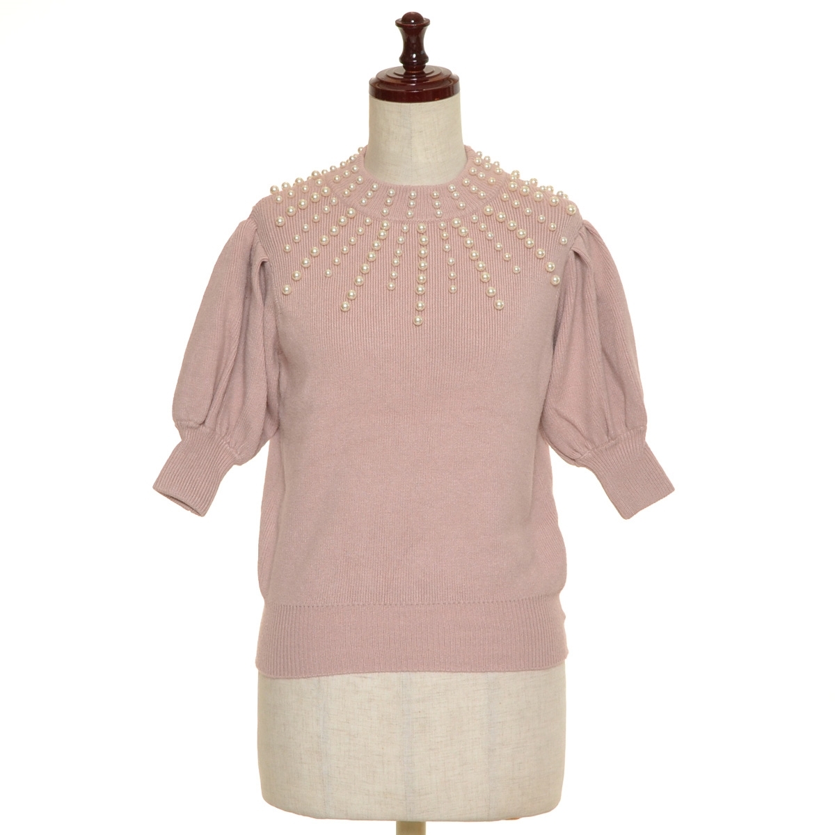 □481456 eimy istoire エイミーイーストワール ○セーター パフスリーブパールニットプルオーバー サイズF レディース ピンクベージュ拍卖