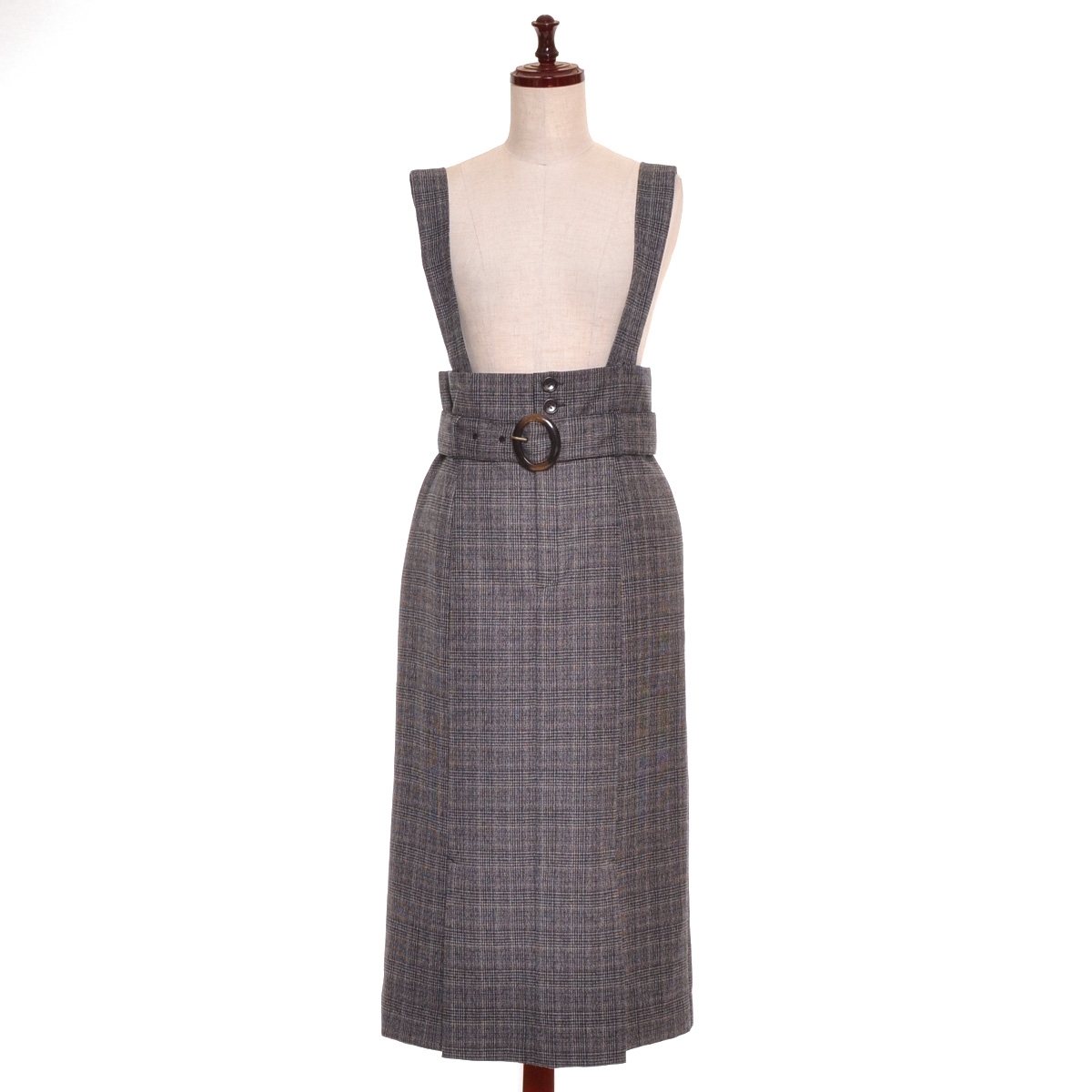 □491567 nano universe ナノユニバース ○ジャンパースカート サロペット Iラインベルト付きチェックジャンスカ サイズ36 レディース拍卖