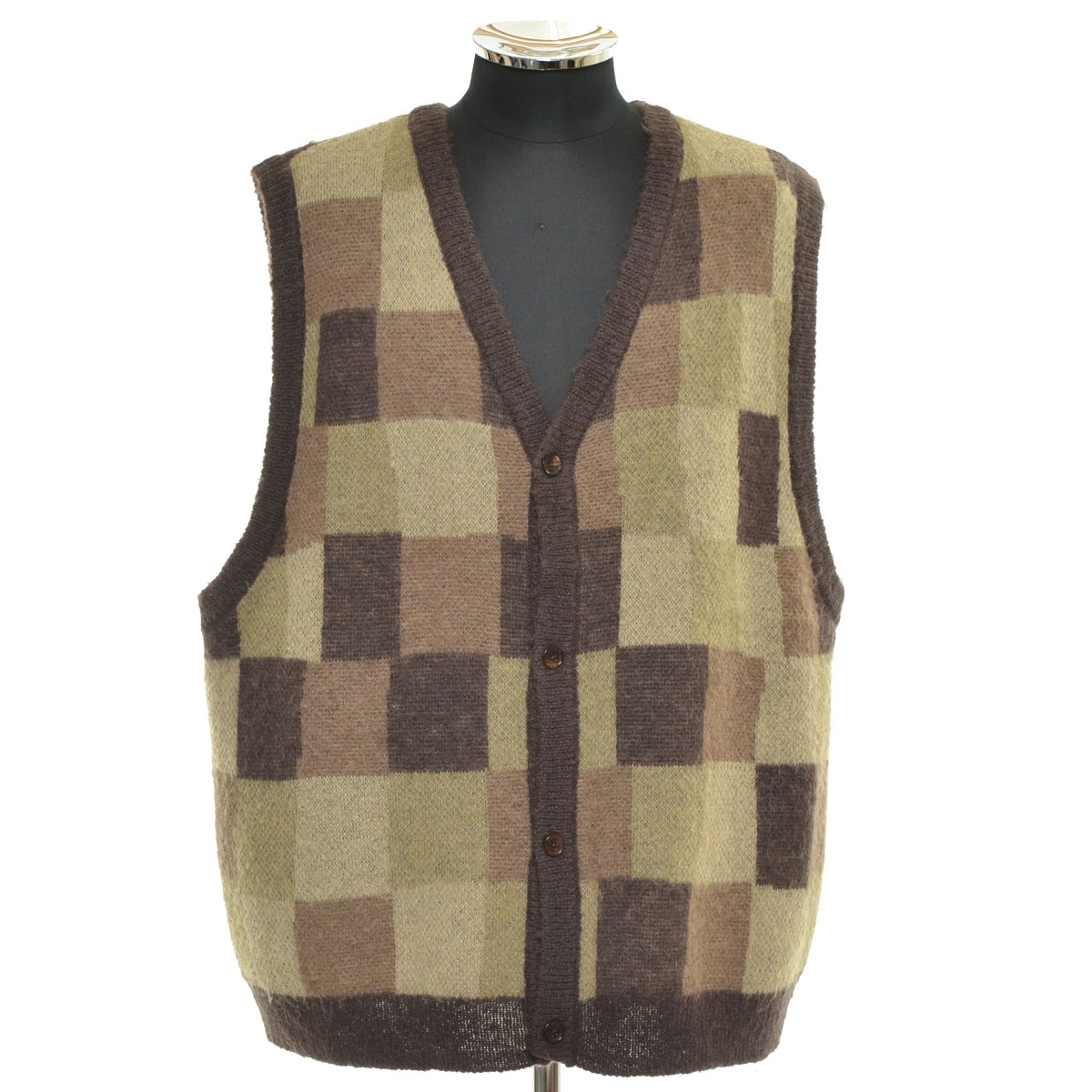 ●519147 STUSSY ステューシー ●ウールモヘア ニットベスト セーター Wobbly Check Sweater サイズL メンズ ブラウン拍卖